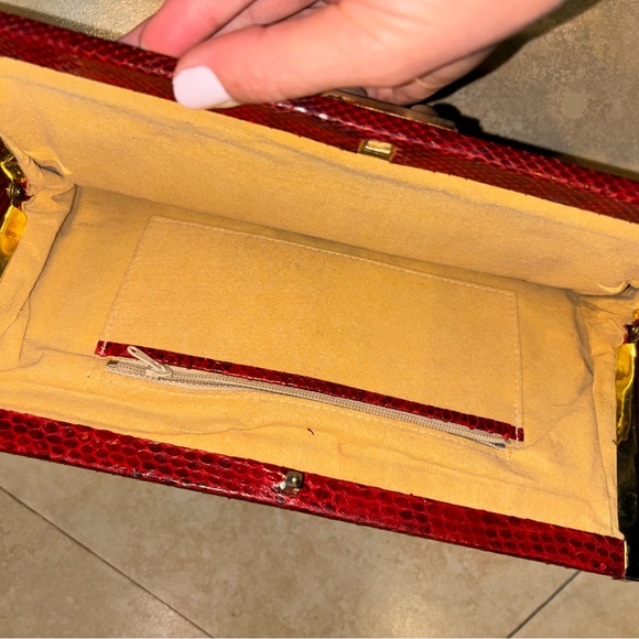 Snakeskin Red Textured Leather Clutch with Metallic Clasp - Picture 6 of 6